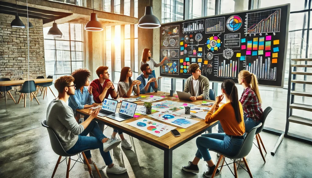 A vibrant college classroom with students participating in a business strategy discussion. A young graduate in business attire presenting a project in a corporate setting. A group of diverse students brainstorming ideas with charts and laptops. mba abroad , bba, statement of purpose
