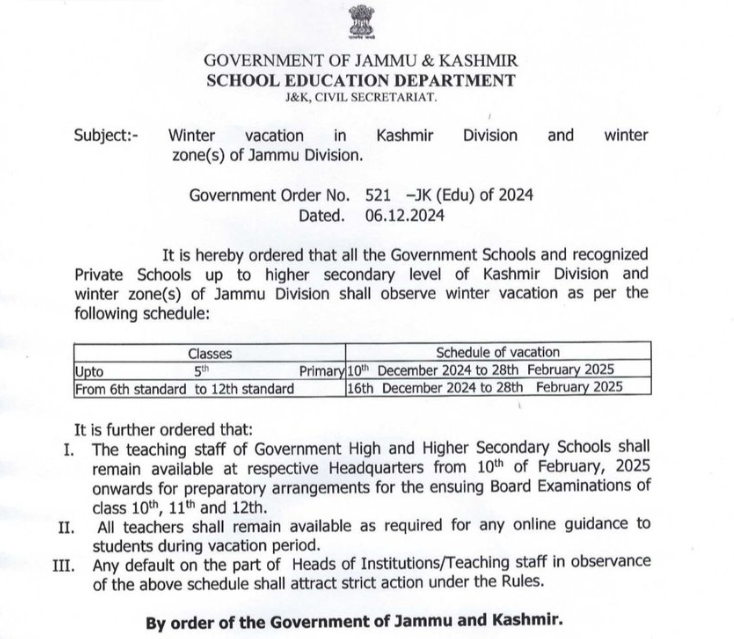 Jammu and Kashmir Winter Vacation 2024: Schools to begin holidays on Dec 10 for students up to class 5, and from Dec 16 for grades 6-12
